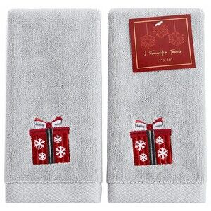 Avanti Christmas Present Fingertip Towels Set of 2 Gray Embroidered Snowflakes